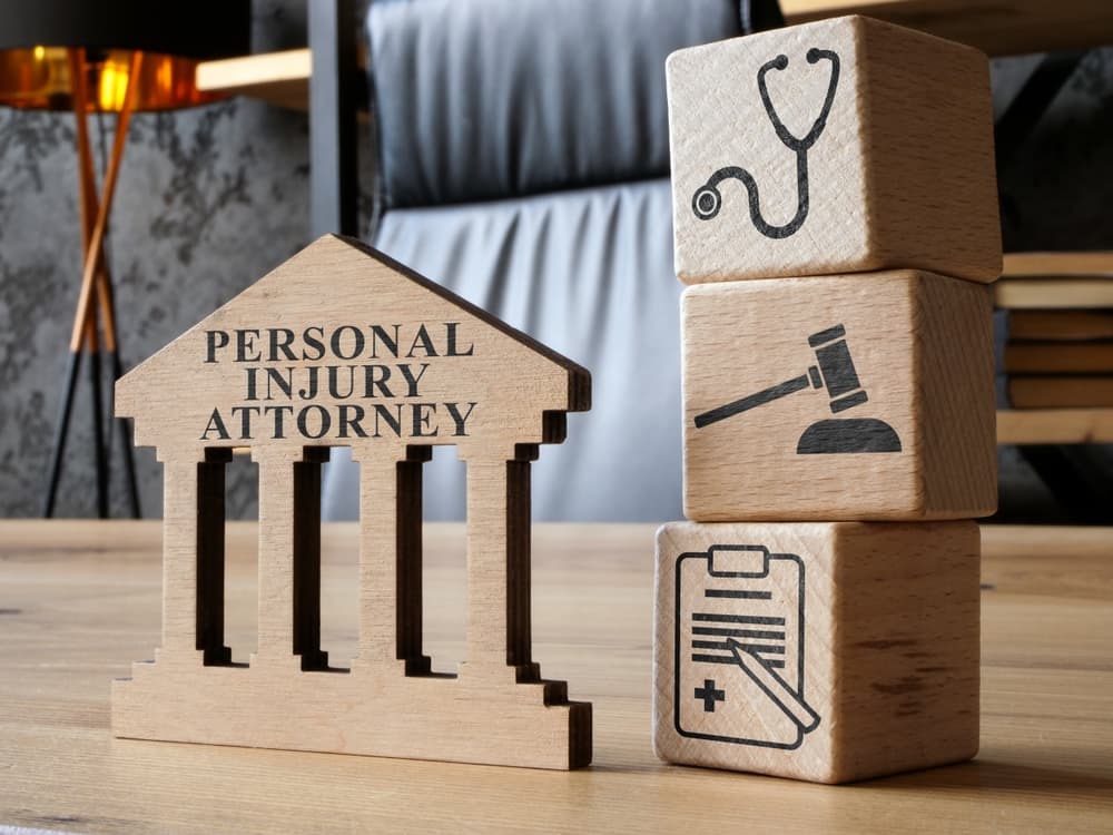 Wooden blocks depicting medical, legal symbols and text "Personal Injury Attorney" on a desk.