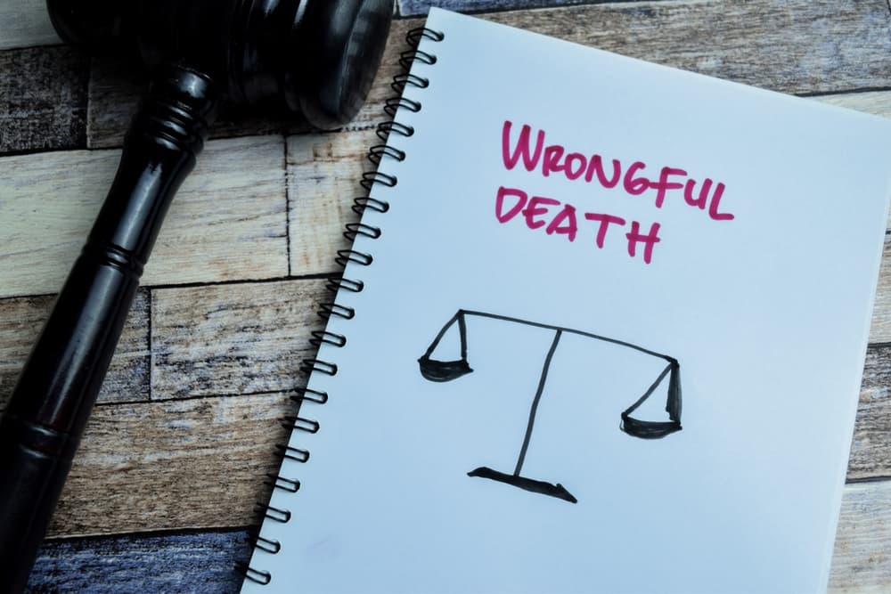 Notebook with "Wrongful Death" text and scales of justice drawing beside a judge's gavel.